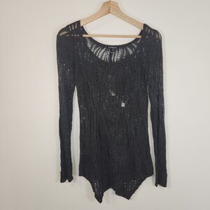 NEW Express Black Open Knit Top Asymmetrical Hem SMALL Retails $70